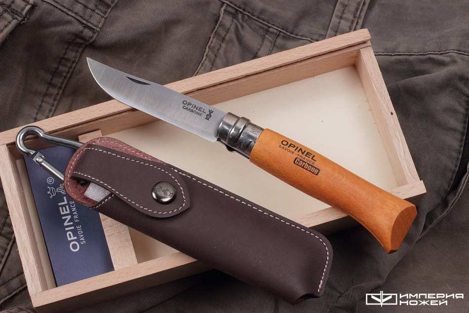Нож Opinel №8, углеродистая сталь, рукоять из дерева бука, с чехлом, в деревянной коробке (УЦЕНКА) – Opinel